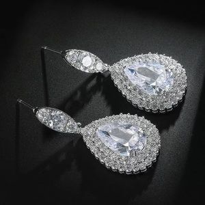 Double row diamond cz teardrop dangle earrings